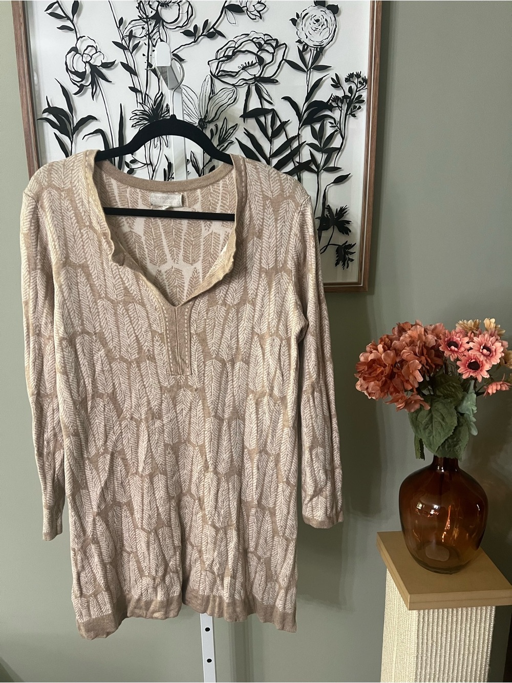 Sigrid Olsen Studio Beige Leaf Print Tunic Mini Dress Lightweight Sweater Size M